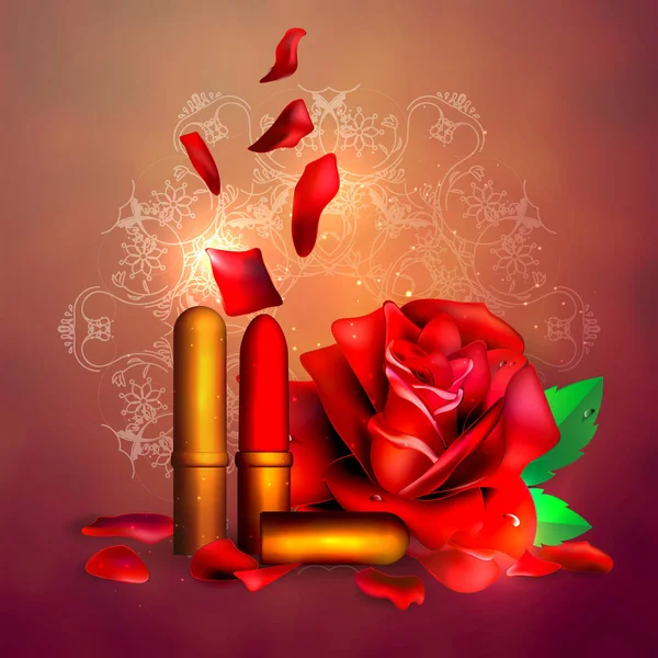 口红涂在花旁边 美容和化妆品的背景 用于广告传单 矢量插图 — 图库矢量图片