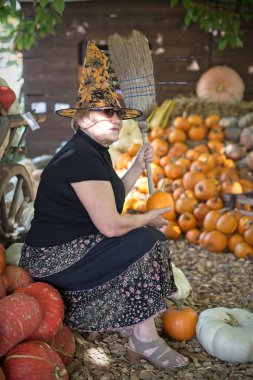 Süpürge kabaklar arka plan üzerinde dostu cadıyla... Cadılar Bayramı şahsiyet