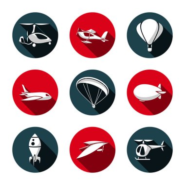 Hava taşıma simgeler vektör kümesi. Autogyro. Deniz uçağı. Balon. Uçak. Yamaçparaşütü. Zeplin. Roket. Uçurtma. Helikopter. Düz stil