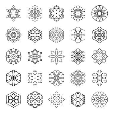 Vektör Monokrom Mandalas kümesi. Beyaz arka planda izole edilmiş yuvarlak soyut nesneler. Etnik Dekoratif Element