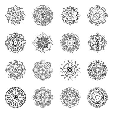 Vektör Monokrom Mandalas kümesi. Beyaz arka planda izole edilmiş yuvarlak soyut nesneler. Etnik Dekoratif Element