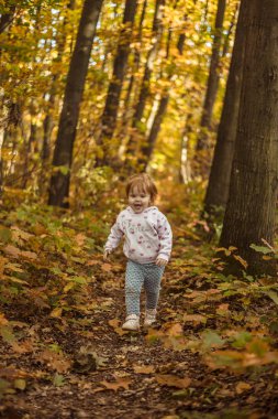mutlu küçük çocuk, gülen ve sonbahar Parkta oynayan bebek kız
