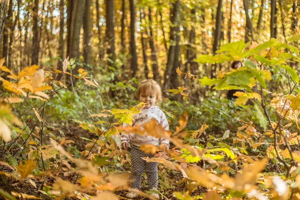 mutlu küçük çocuk, gülen ve sonbahar Parkta oynayan bebek kız