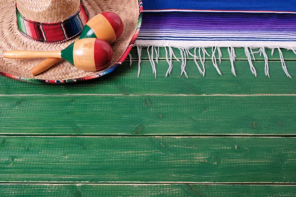 Meksika Sınır Meksika Sombrero Marakas Fiesta Ahşap Arka Plan — Stok fotoğraf