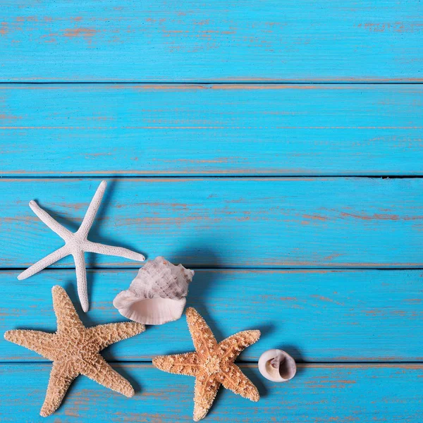 Playa Verano Mar Fondo Estrella Mar Azul Madera Pintura Descascarillado — Foto de Stock