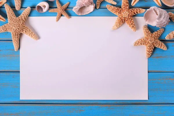 Cartel Papel Playa Starfish Envejecido Azul Playa Madera Marco Cubierta — Foto de Stock