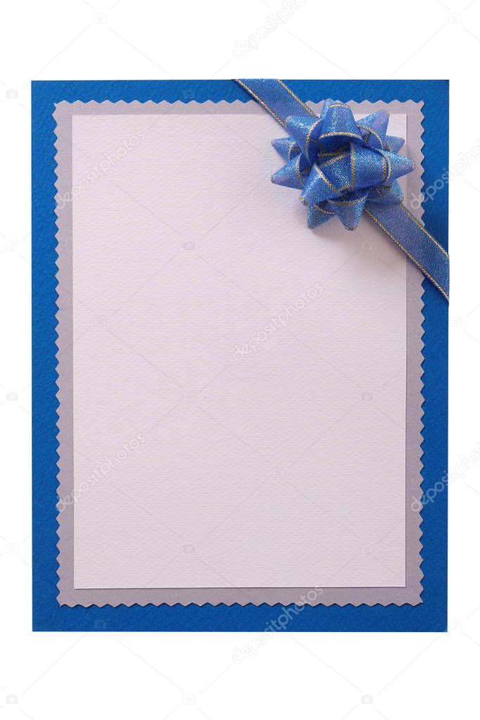 Invitation invite card blue ribbon vertical isolated