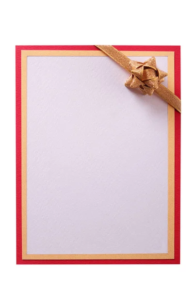 Cartão Convite Laço Ouro Fita Vertical Isolada — Fotografia de Stock