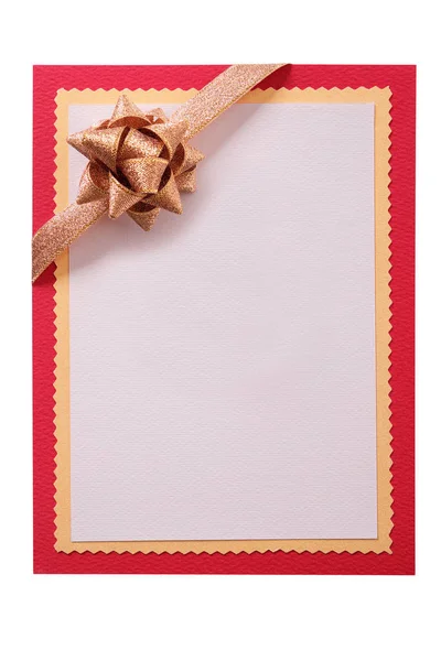 Christmas Card Blank White Gold Bow Isolated Vertical — Stock Photo, Image