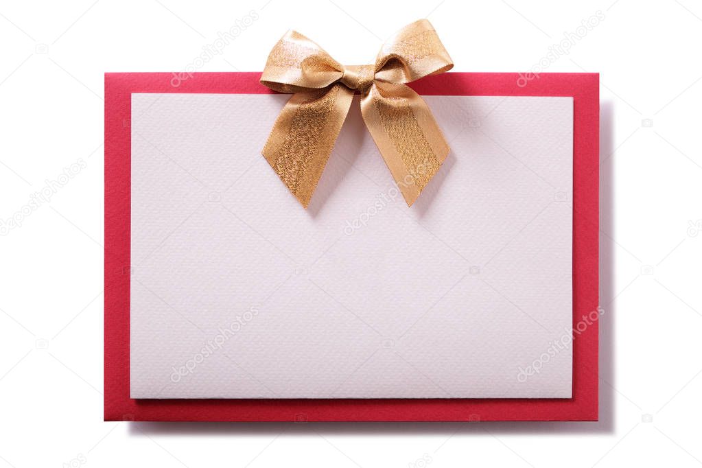 Christmas card gold bow red envelope flat front view