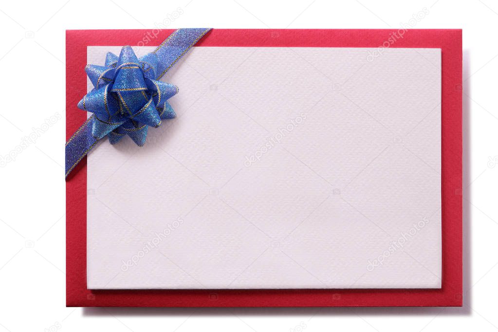 Christmas card blue bow red envelope border