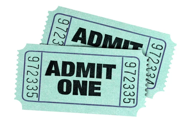 Two Green Admit One Movie Tickets Isolated White Background — Stock Photo, Image