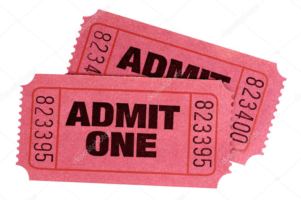 Two red admit one tickets isolated white background.