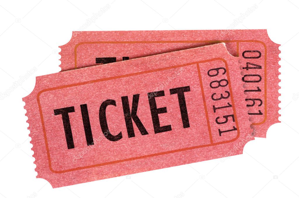 Two red movie or raffle tickets isolated 