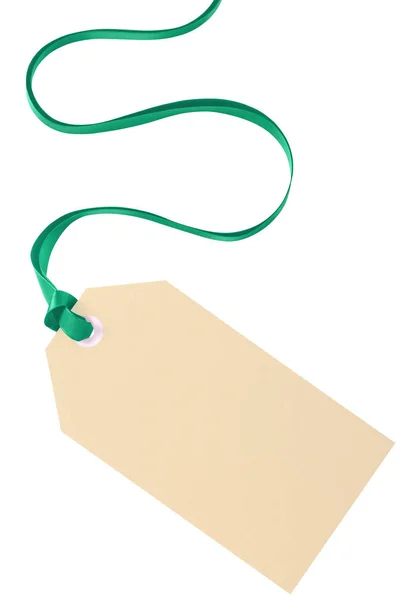 Plain Tag Regalo Nastro Verde Isolato Sfondo Bianco — Foto Stock