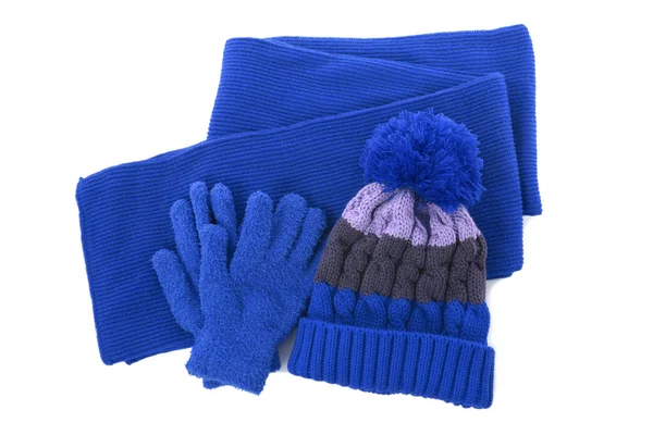 Blauwe Winter Gebreide Bobbel Hoed Sjaal Handschoenen Geïsoleerd — Stockfoto