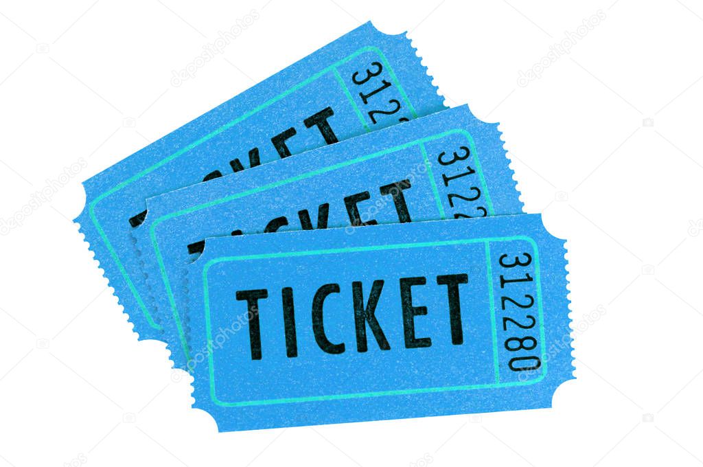 Three blue movie tickets isolated on a white background.