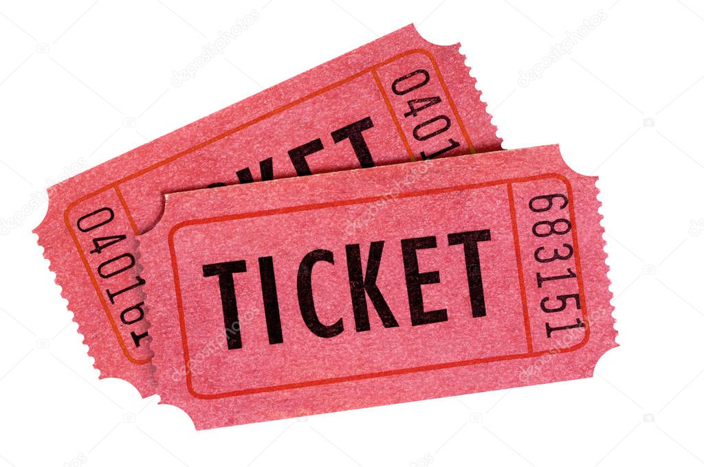 Two old red entrance tickets isolated white 