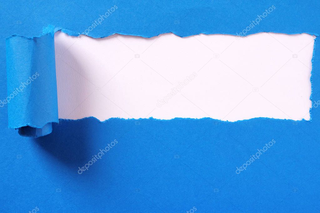 Torn blue paper strip headline white background frame