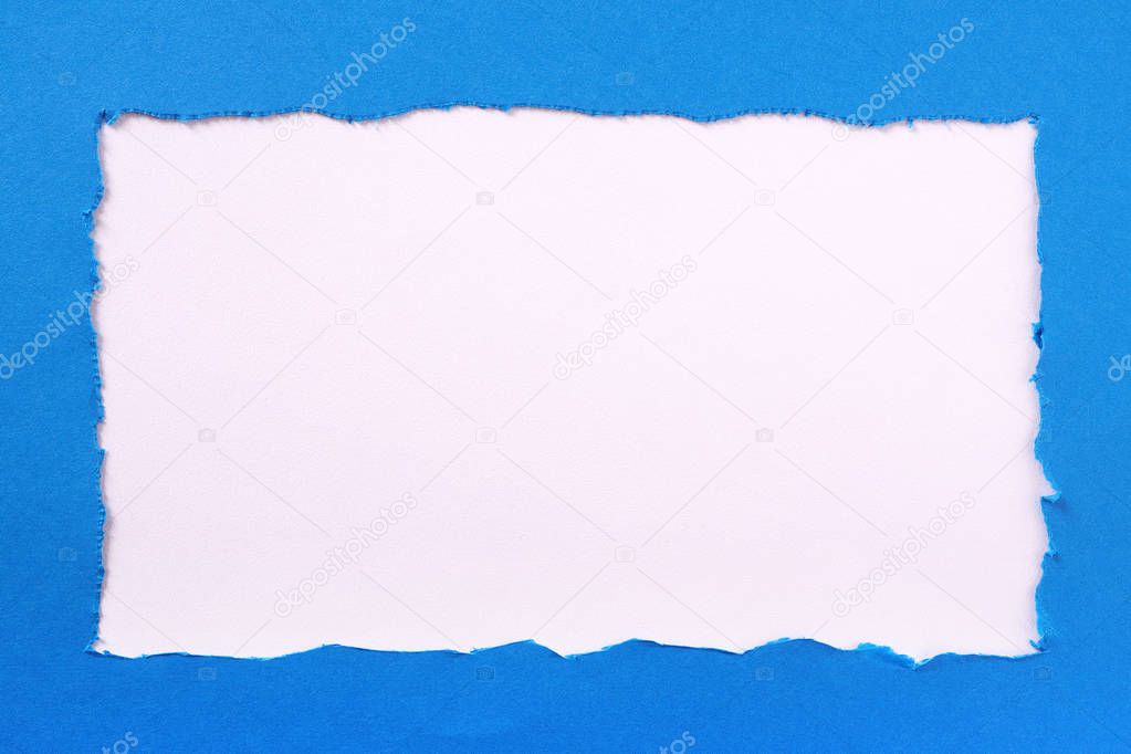 Torn paper blue untidy edge white background frame