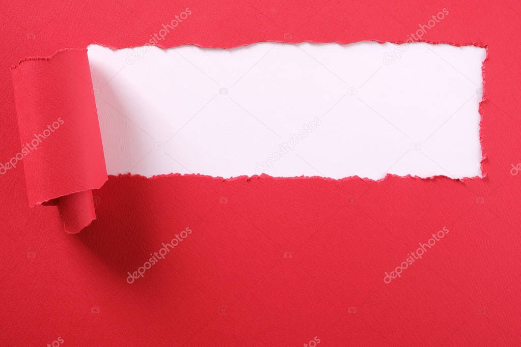 Torn red paper strip banner white background