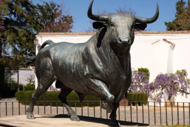 Ronda, Endülüs, İspanya - 16 Mart 2019 : İspanya'nın Ronda kentinde tarihi boğa güreşinin dışında yer alan bronz boğa heykeli