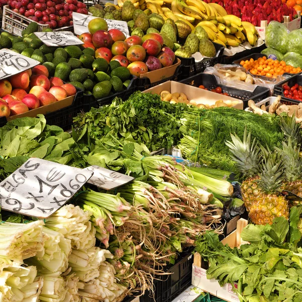 Marbella, Malaga province, Andalucia, Spain - March 18, 2019 : fresh fruits and vegetables for sale in a local farmers market — Stock Photo, Image