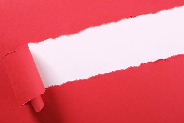 Zerrissener roter Papierstreifen gerollte Kante schräg weißer Hintergrund — Stockfoto