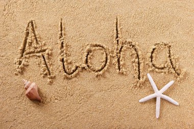 Aloha Hawaii el yazısı plaj kum tebrik mesajı
