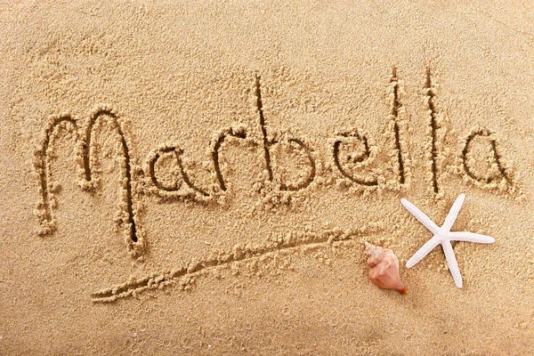 Marbella Spania scris de mână nisip plajă mesaj — Fotografie, imagine de stoc
