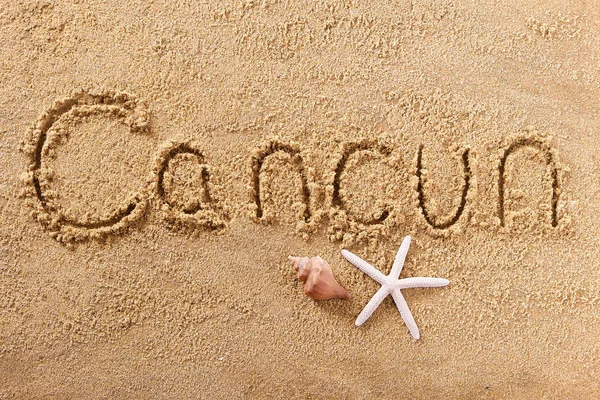 Cancun Mexico handgeschreven strand zand bericht — Stockfoto