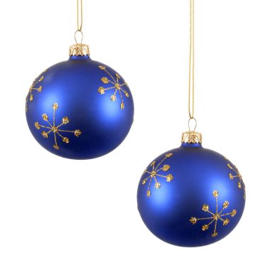 Mavi Noel topları veya baubles izole kar tanesi desenli 