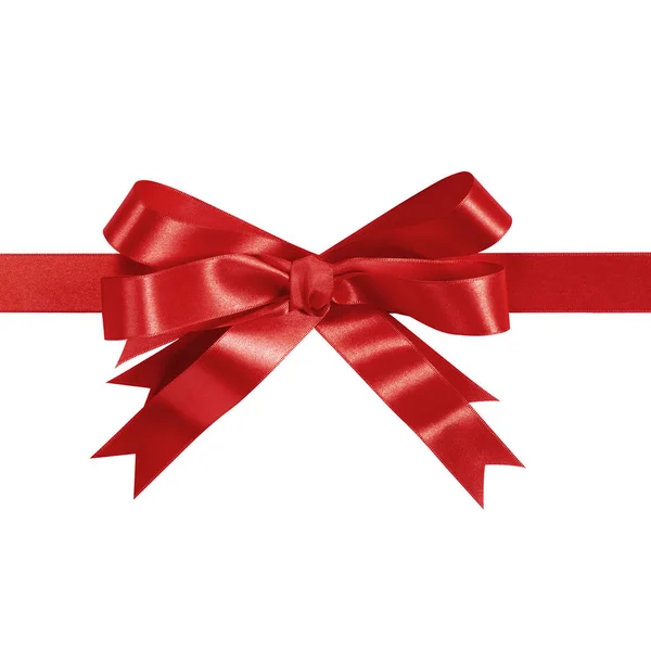 Red gift ribbon bow straight horizontal isolated on white. — Stock Photo, Image