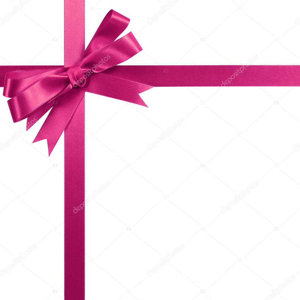 Pink gift ribbon bow vertical corner border frame isolated on wh