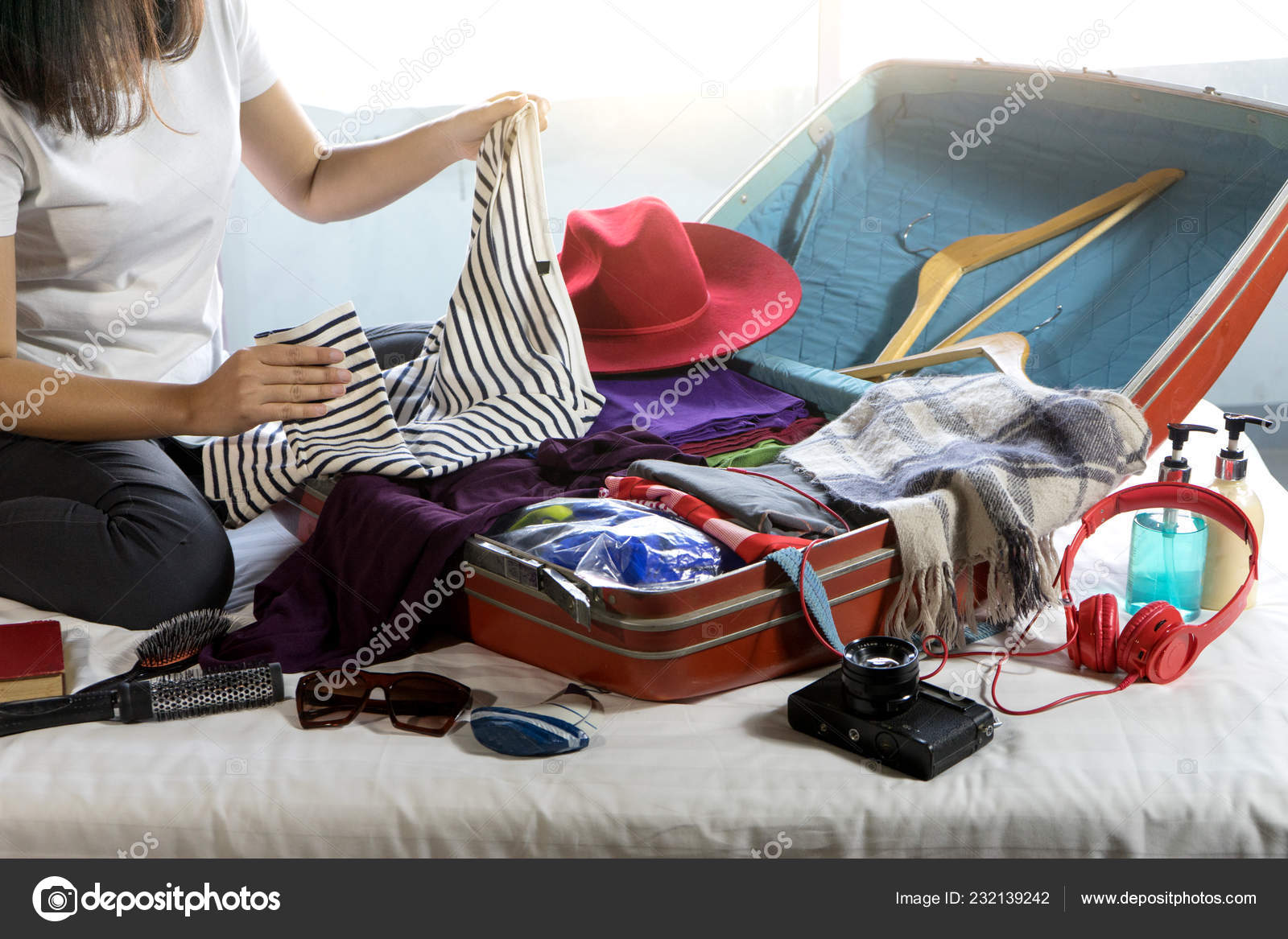 Girl Packing Luggage Prepare Her Journey Trip Lot Her Cloth Stock