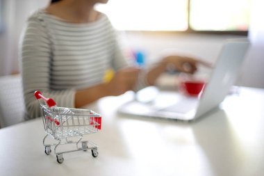 kadın oturup bilgisayar tablo online satış alışveriş hakkında çalışma ve sipariş satın