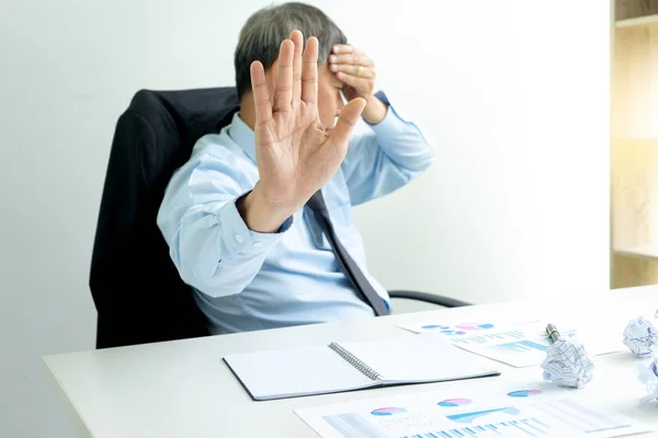 Businessman Sit Table Fill Sad Headache Concept Business Failure Problem — Stock Photo, Image