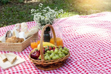 piknik ekmek kruvasan sepeti meyve portakal suyu kavanoz ile kırmızı beyaz bez ve vazo çiçek