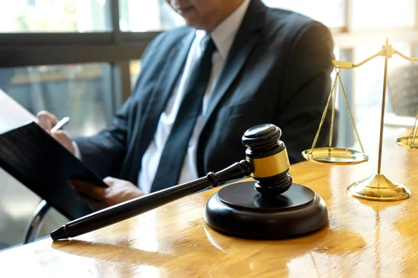 Judge lawyer gavel work in office with  balance — Stock Photo, Image