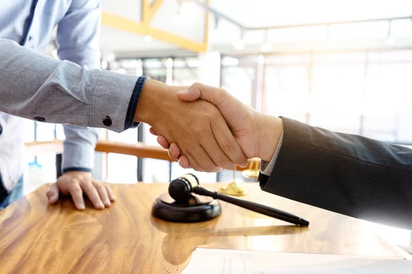 Lawyer or judge  with gavel and balance handshake — Stock Photo, Image