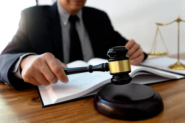 Judge or lawyer have gavel with  balance work in office — Stock Photo, Image