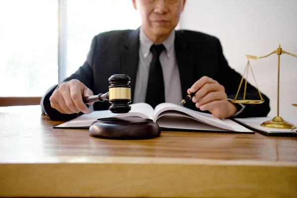 Judge or lawyer have gavel with  balance work in office — Stock Photo, Image