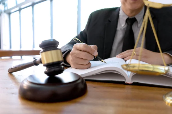 Judge or lawyer have gavel with  balance work in office — Stock Photo, Image