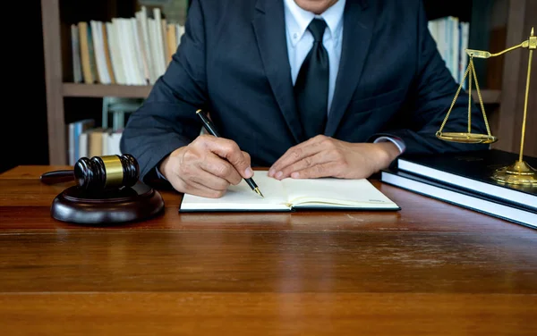 Judge lawyer gavel work in office with  balance — Stock Photo, Image