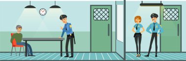 Polis polis departmanı iç vektör çizim düz tarzı, iş yerinde bir polis istasyonunda bir şüpheliyi sorgulayarak için Oda