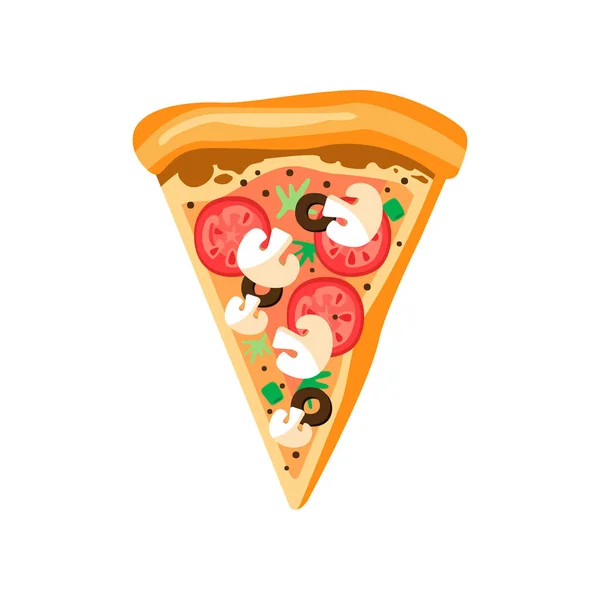 Rebanada de pizza triangular con verduras frescas y corteza crujiente. Sabrosa comida rápida. Elemento vectorial plano para café o pizzería menú — Archivo Imágenes Vectoriales