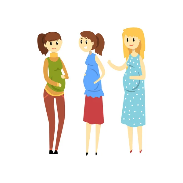 Tre leende gravida kvinnor tecknade vektor Illustration på vit bakgrund — Stock vektor