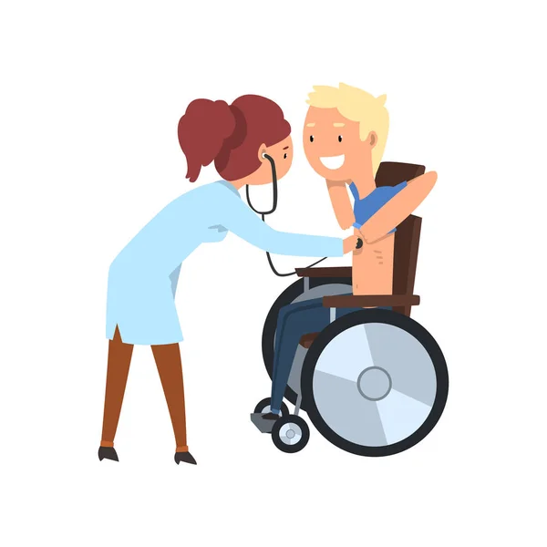 Médico com estetoscópio examinando paciente com deficiência, reabilitação de pessoas com deficiência conceito vetor Ilustração em um fundo branco — Vetor de Stock