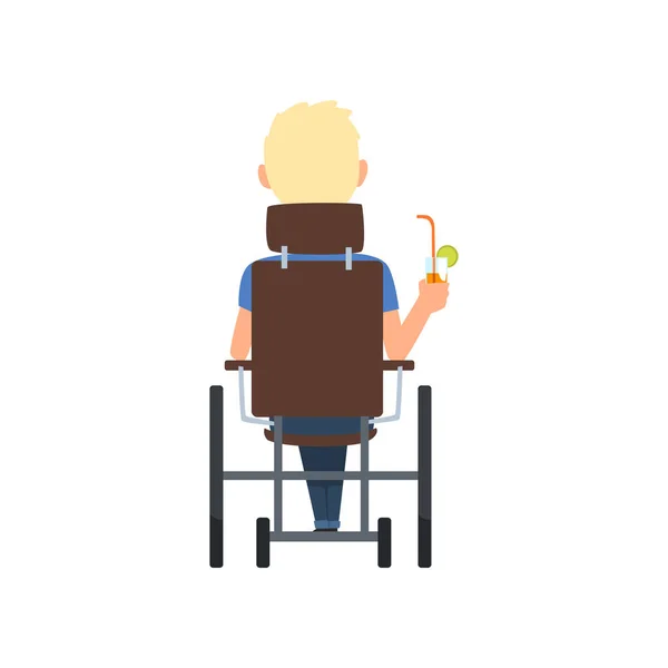 Disabled man in wheelchair drinking cocktail, summer vacation, , rehabilitation of disabled people concept, back view vector Illustration on a white background — Stock Vector
