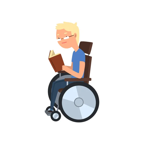 Zakázán muž vozíku s knihou, rehabilitace zdravotně postižených lidí koncepce vektorové ilustrace na bílém pozadí — Stockový vektor